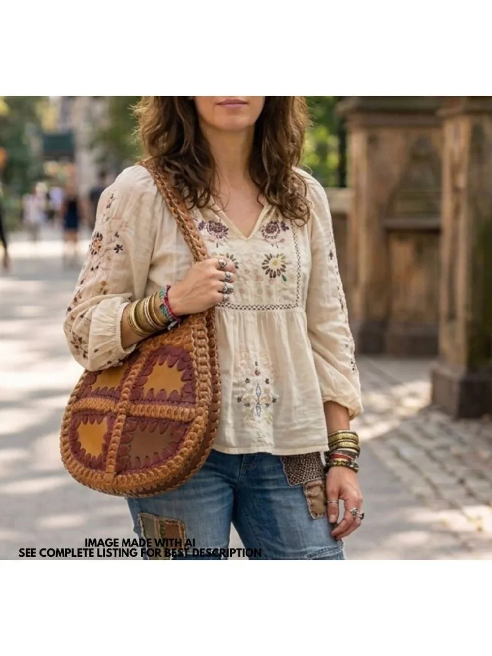 Vintage Full Grain Leather Chainlink Patchwork Shoulder Bag Hobo Western Hippie